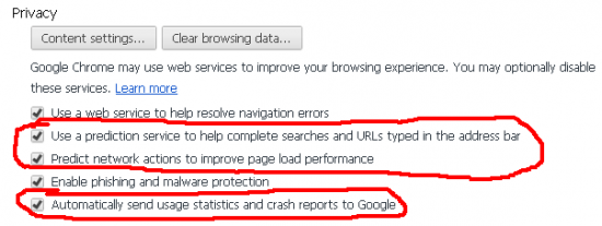Enable DNS pre-fetch, Disable sending crash stats in Chrome