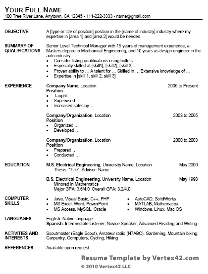 resume template table