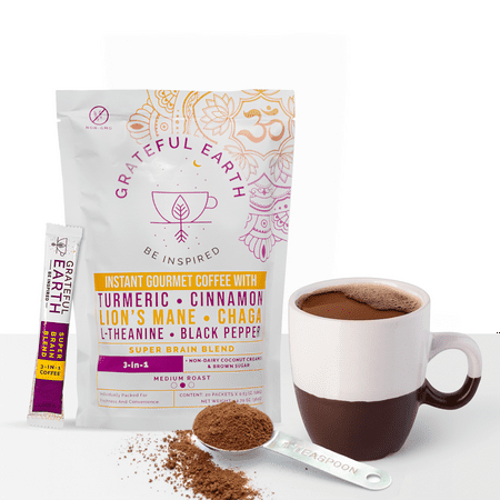 Grateful Earth: Super Brain Coffee 3-in-1 Mushroom Coffee Medium Roast w/ Turmeric, Cinnamon, Lions Mane, Chaga, L-Theanine, and Black Pepper, 12.7 oz, 20 Packets