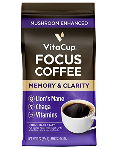 VitaCup Focus Ground Mushroom Coffee, Boost Focus & Immunity with Lions Mane, Chaga, B Vitamins, D3, Memory & Clarity, Medium Dark Roast, Bold & Smooth 100% Arabica Specialty Coffee Grounds, 10 Oz